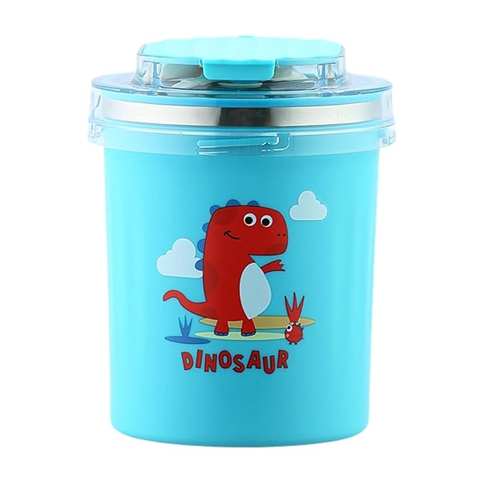 Dinosaur Cartoon Themed 304 Stainless Steel Vacuum Mug with Lid, Spoon and Straw Double Wall Thermal Insulated Traveling Cup for Hot and Cold Milk Coffee Tea Soup (530 ML, 4 color)