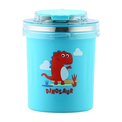 Dinosaur Cartoon Themed 304 Stainless Steel Vacuum Mug with Lid, Spoon and Straw Double Wall Thermal Insulated Traveling Cup for Hot and Cold Milk Coffee Tea Soup (530 ML, 4 color)
