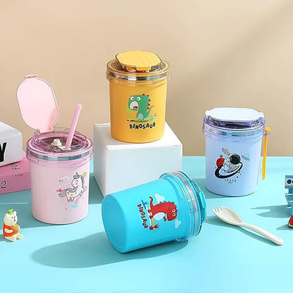 Dinosaur Cartoon Themed 304 Stainless Steel Vacuum Mug with Lid, Spoon and Straw Double Wall Thermal Insulated Traveling Cup for Hot and Cold Milk Coffee Tea Soup (530 ML, 4 color)