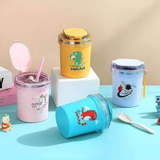 Dinosaur Cartoon Themed 304 Stainless Steel Vacuum Mug with Lid, Spoon and Straw Double Wall Thermal Insulated Traveling Cup for Hot and Cold Milk Coffee Tea Soup (530 ML, 4 color)