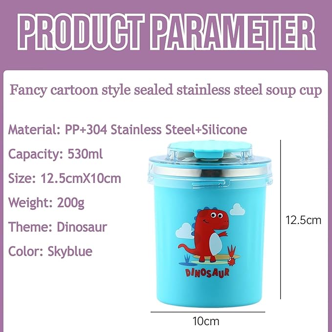 Dinosaur Cartoon Themed 304 Stainless Steel Vacuum Mug with Lid, Spoon and Straw Double Wall Thermal Insulated Traveling Cup for Hot and Cold Milk Coffee Tea Soup (530 ML, 4 color)