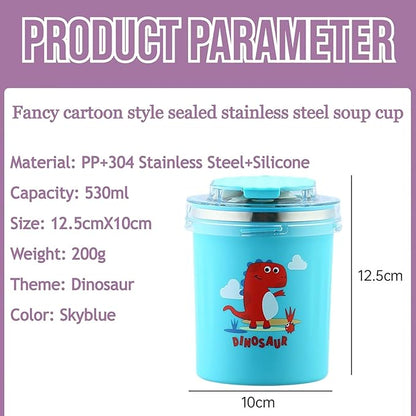 Dinosaur Cartoon Themed 304 Stainless Steel Vacuum Mug with Lid, Spoon and Straw Double Wall Thermal Insulated Traveling Cup for Hot and Cold Milk Coffee Tea Soup (530 ML, 4 color)