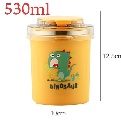 Dinosaur Cartoon Themed 304 Stainless Steel Vacuum Mug with Lid, Spoon and Straw Double Wall Thermal Insulated Traveling Cup for Hot and Cold Milk Coffee Tea Soup (530 ML, 4 color)