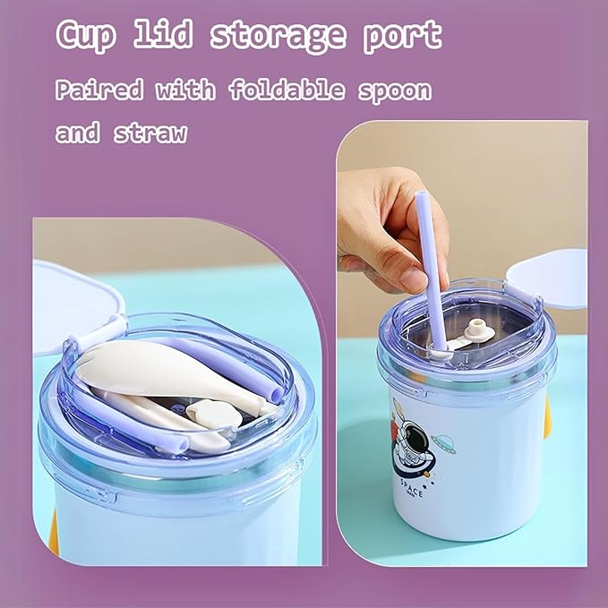 Dinosaur Cartoon Themed 304 Stainless Steel Vacuum Mug with Lid, Spoon and Straw Double Wall Thermal Insulated Traveling Cup for Hot and Cold Milk Coffee Tea Soup (530 ML, 4 color)