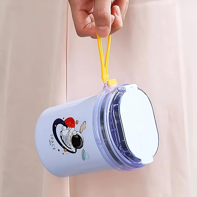Dinosaur Cartoon Themed 304 Stainless Steel Vacuum Mug with Lid, Spoon and Straw Double Wall Thermal Insulated Traveling Cup for Hot and Cold Milk Coffee Tea Soup (530 ML, 4 color)