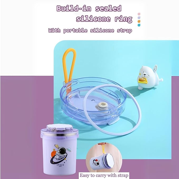 Dinosaur Cartoon Themed 304 Stainless Steel Vacuum Mug with Lid, Spoon and Straw Double Wall Thermal Insulated Traveling Cup for Hot and Cold Milk Coffee Tea Soup (530 ML, 4 color)