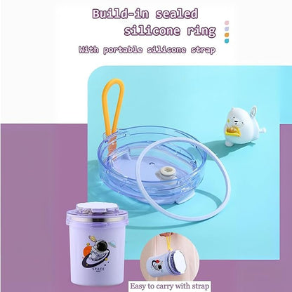 Dinosaur Cartoon Themed 304 Stainless Steel Vacuum Mug with Lid, Spoon and Straw Double Wall Thermal Insulated Traveling Cup for Hot and Cold Milk Coffee Tea Soup (530 ML, 4 color)